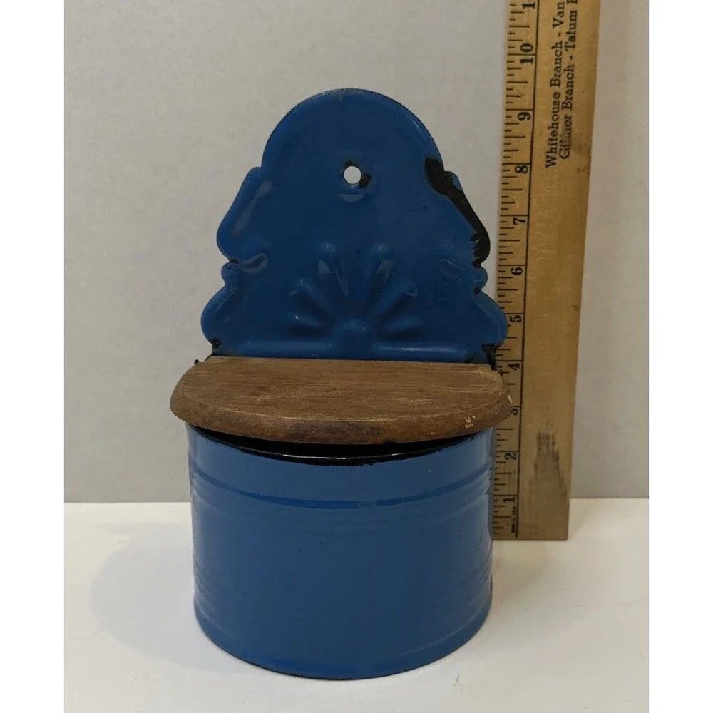 Vtg Polish Enamelware Salt Box Blue Wall Hanging Cellar Wooden Lid Huta Silesia